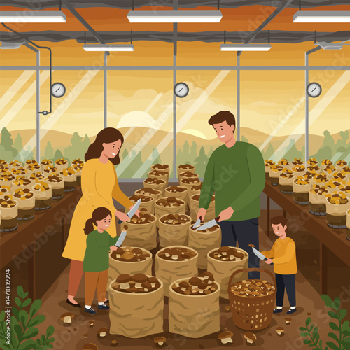 Family Harvesting Mushrooms Inside Greenhouse with Sunshine in Background