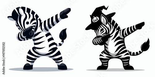 Zebra wear halloween costume and pose dabbing. Cartoon clipart vector draw illustration. Equine dons spooky attire strikes dab stance a festive custom.