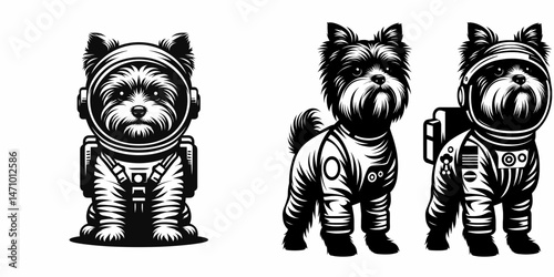 Yorkshire Terrier Dog in astronaut costume. Cartoon clipart vector draw illustration. Tiny yorkie canine spacesuit attire cosmic pet cosmonaut theme.