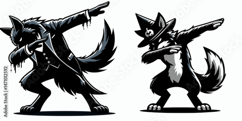 Wolf wear halloween costume and pose dabbing. Cartoon clipart vector draw illustration. Canine apparel spooky dress-up perform the dab dancing action.