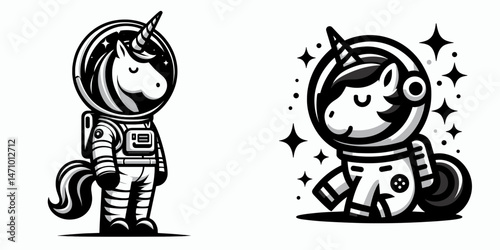 Unicorn in astronaut costume. Cartoon clipart vector draw illustration. Celestial equidae spacesuit whimsical journey to the cosmos.