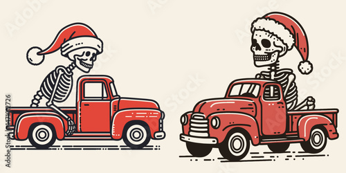 Skeleton wear santa hat on a Red Retro Truck. Cartoon clipart vector draw illustration. Bony figure adorned festive headgear atop vintage crimson pickup during yuletide.