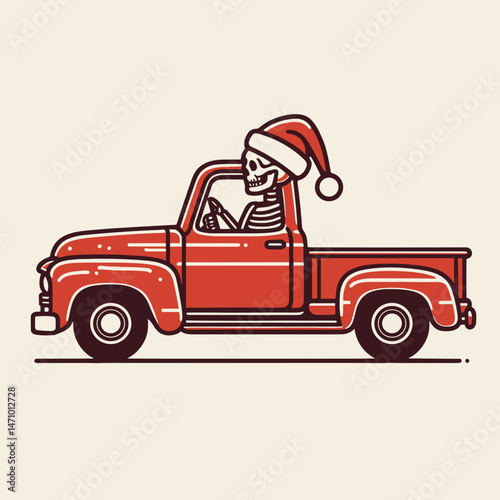 Skeleton wear santa hat on a Red Retro Truck. Cartoon clipart vector draw illustration. Bony figure donned holiday headgear atop crimson antique pickup for xmas.