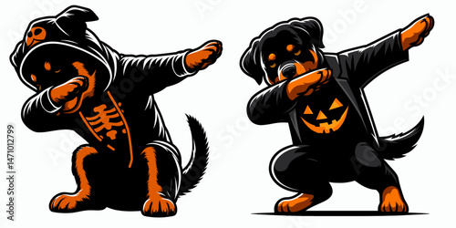 Rottweiler Dog wear halloween costume and pose dabbing. Cartoon clipart vector draw illustration. Rottie canine donning spooky dressup apparel strikes dab stance.