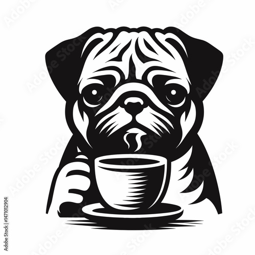 Pug Dog Drinking coffee. Cartoon clipart vector draw illustration. Canine enjoying brew little pooch quaffing java refreshment break theme.