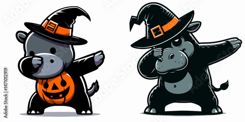 Pygmy hippo wear halloween costume and pose dabbing. Cartoon clipart vector draw illustration. Miniature hippopotamus don attire for fright night & strike dab posture.