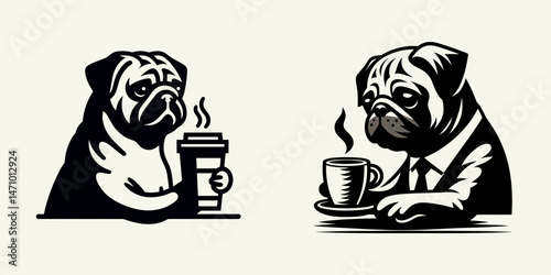 Pug Dog Drinking coffee. Cartoon clipart vector draw illustration. Canine enjoying morning java comical wrinkled pooch slurping warm brew beverage.