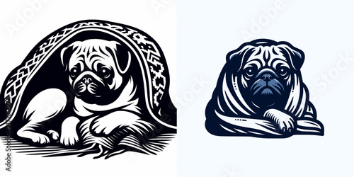 Pug Dog Cuddling under a blanket. Cartoon clipart vector draw illustration. Cozy canine nestled beneath cover pet relaxation comfort domestic animal.