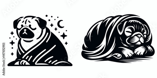 Pug Dog Cuddling under a blanket. Cartoon clipart vector draw illustration. Fawn canine snuggling beneath soft cover for comfort on chilly day.