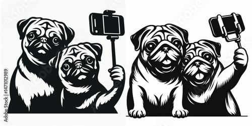 Pug Dog Couple Selfie. Cartoon clipart vector draw illustration. Canine flat-faced pair portrait charming photograph featuring lovely pet companions.