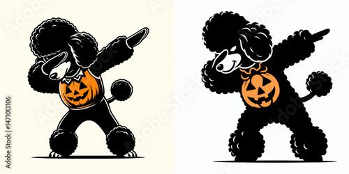 Poodle Dog wear halloween costume and pose dabbing. Cartoon clipart vector draw illustration. Canine in fancy dress spooky holiday attire doing dab dance animal trick.
