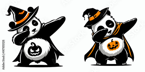 Panda wear halloween costume and pose dabbing. Cartoon clipart vector draw illustration. Bear don festive attire mimic a posture doing the dab on october thirty-one.