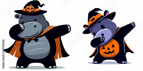 Hippo wear halloween costume and pose dabbing. Cartoon clipart vector draw illustration. Enormous mammal attire for eerie festival doing that cool dance position.