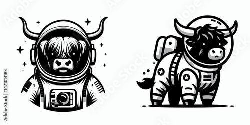 Highland Cow in astronaut costume. Cartoon clipart vector draw illustration. Hairy bovine spaceman attire galactic journey theme cosmic exploration concept.