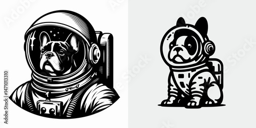 French Bulldog in astronaut costume. Cartoon clipart vector draw illustration. Canine cosmonaut attire tiny pet space explorer garment.