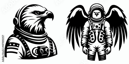 Eagle in astronaut costume. Cartoon clipart vector draw illustration. Avian cosmonaut attire soaring raptor portraying interplanetary explorer.