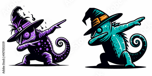 Chameleon wear halloween costume and pose dabbing. Cartoon clipart vector draw illustration. Lizard don attire spook fest fancy dress striking a triumphant attitude.
