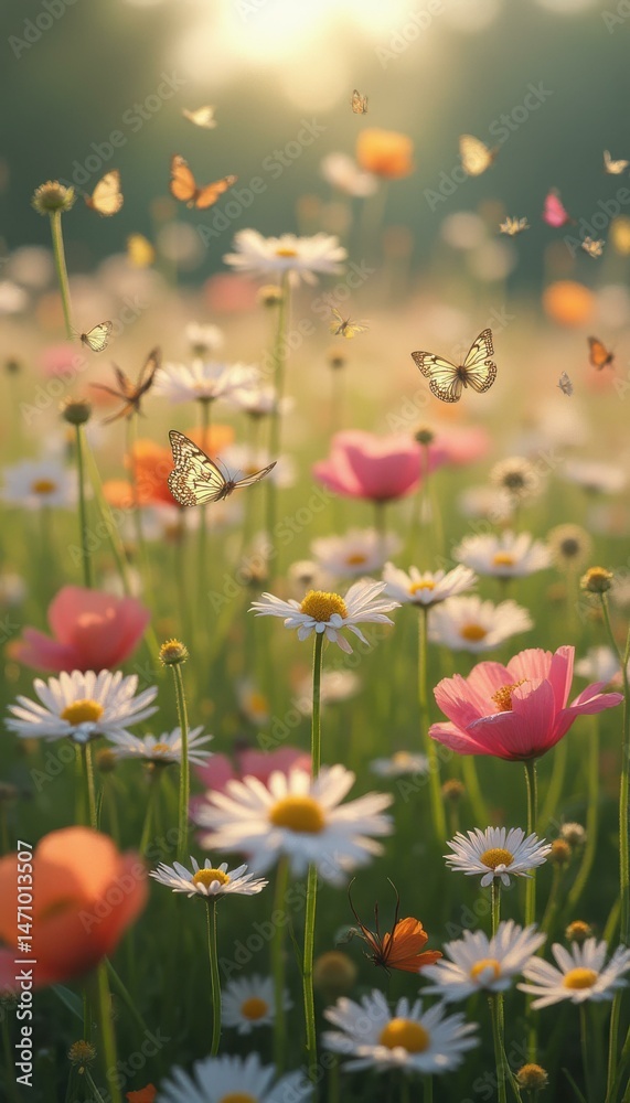 Fototapeta premium Many butterflies flying over colorful flowers in summer meadow