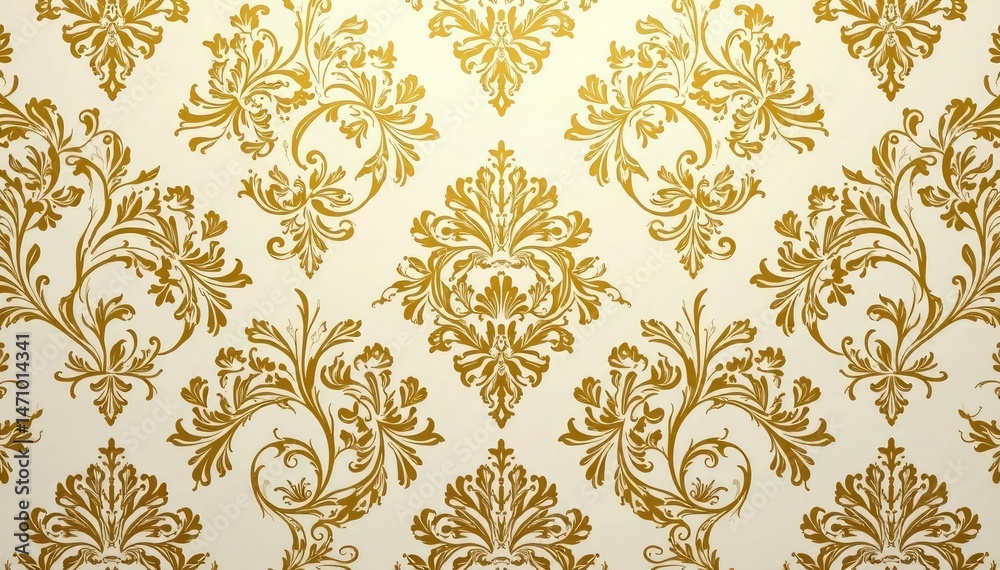 Intricate floral damask pattern in muted golds and creams , design, wallcovering, illustration Intricate floral damask pattern in muted golds and creams , design, wallcovering, illustration