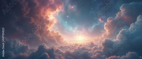 Serene sunrise above clouds with twinkling stars in sky