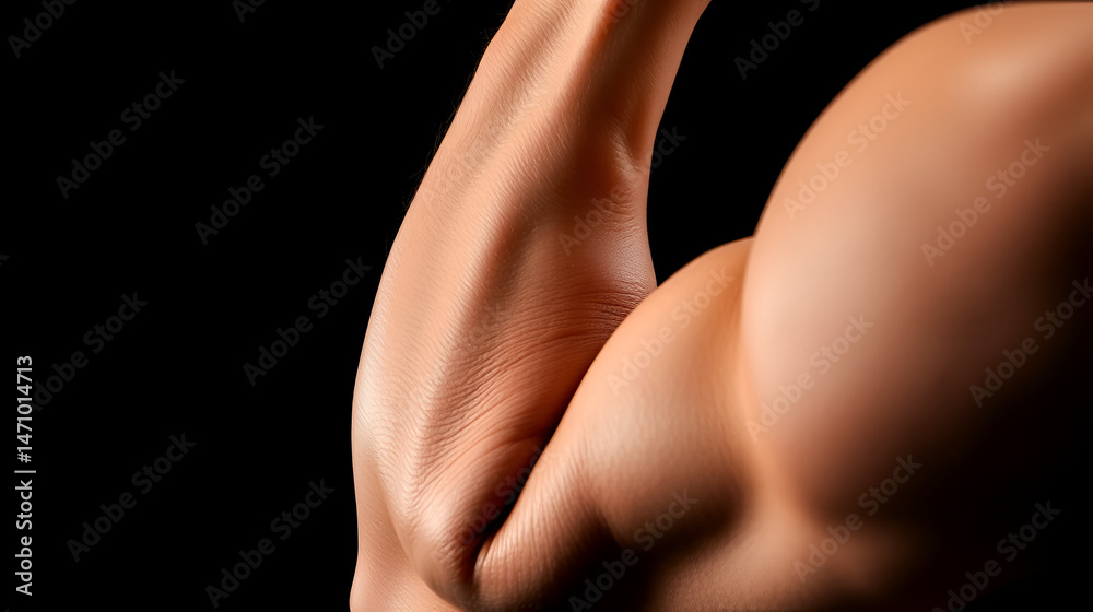 Naklejka premium Bicep short head detail during preacher curl, classic studio lighting, pure black background