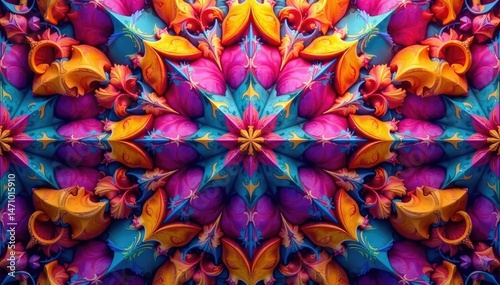 Intricate tessellation of repeating shapes, vibrant hues, structure, texture