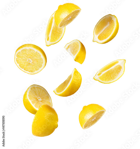 falling lemon slices on white background