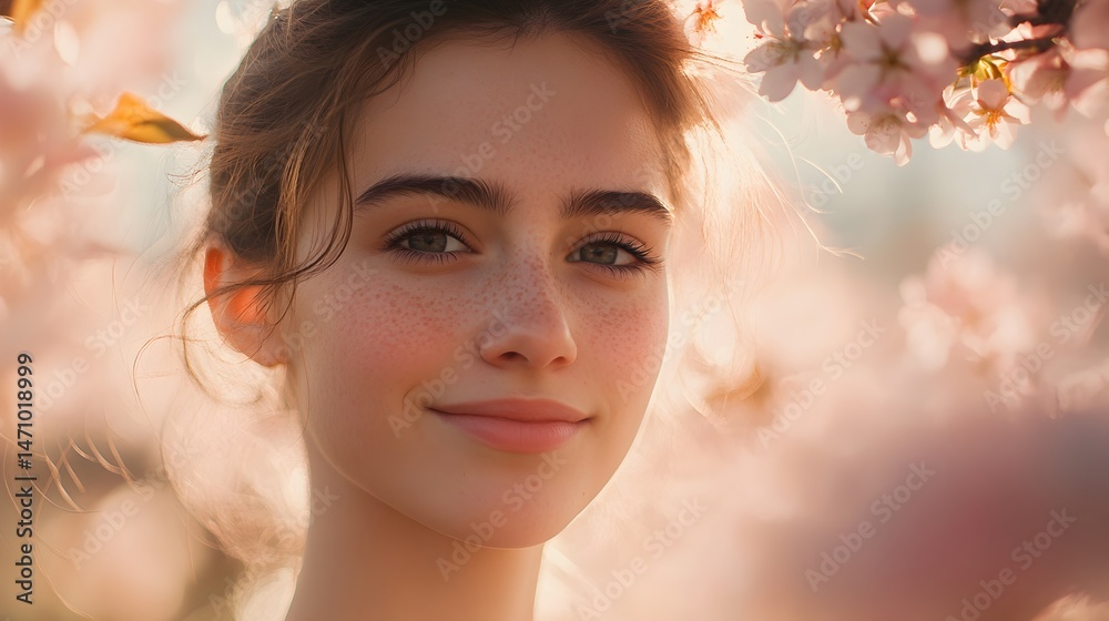 Fototapeta premium A young woman with freckles smiles gently amidst a blossoming cherry tree in sptime sunlight.
