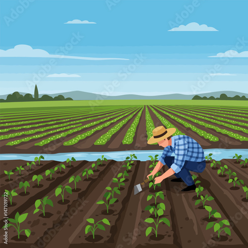 Farmer Planting Seedlings in Field on Sunny Day Under Blue Sky