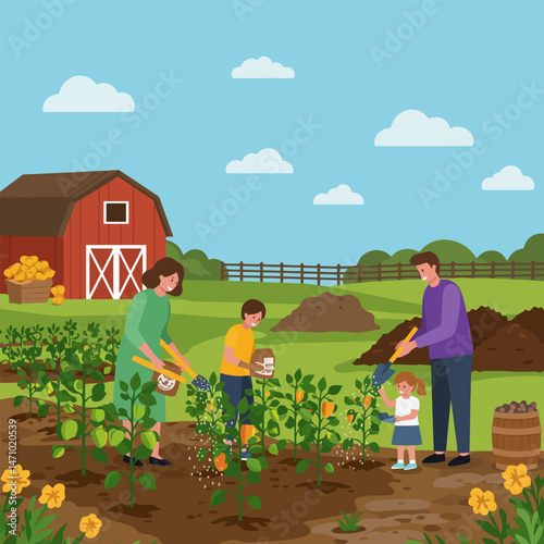 Family Tending to Vegetable Garden Together Near a Red Barn