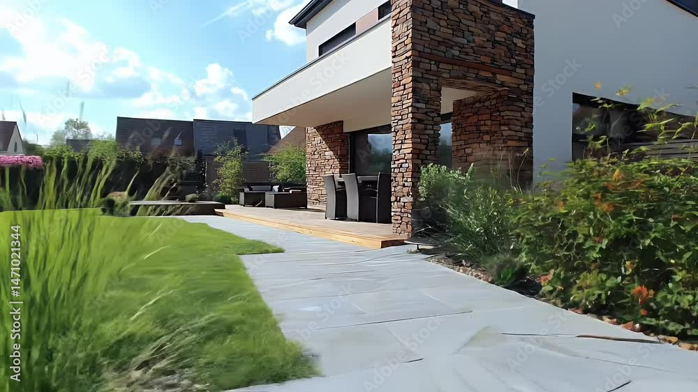 Modern Two Story House With Stone Accent Wall And Beautifully Landscaped Yard Under Blue Sky With Green Lawn Shrubs And Patio With Outdoor Seating Modern Two Story House With Stone Accent Wall And Beautifully Landscaped Yard Under Blue Sky With Green Lawn Shrubs And Patio With Outdoor Seating