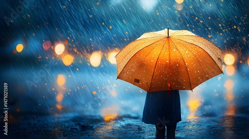 Wallpaper Mural A person stands alone in the rain at night under an orange umbrella with city lights blurred in the background. Torontodigital.ca