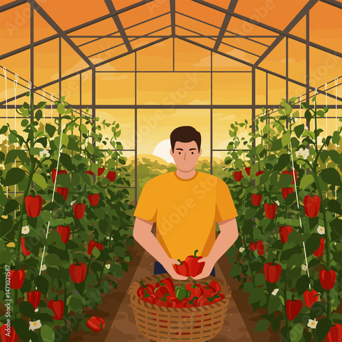 Harvesting Red Bell Peppers Inside Greenhouse with Sunset View