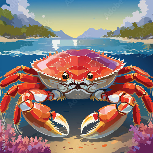 Alaskan King Crab Among Coral Reefs in the Crystal Blue Waters, vector illustration
