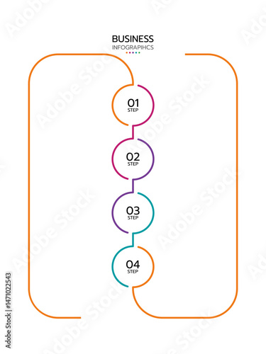 Business infographic template featuring four vertical, numbered circles connected by a line with a gradient from pink to teal, enclosed within a rounded rectangle outline. Vector illustration.