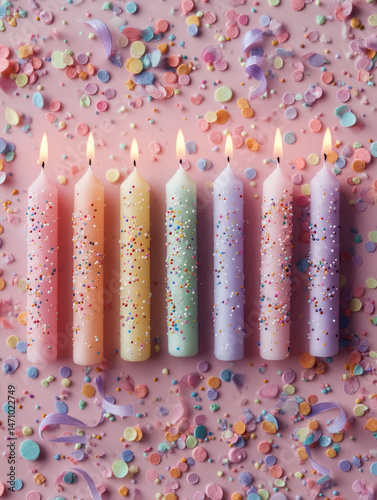 Colorful birthday candles with sprinkles on pink background create festive and cheerful atmosphere