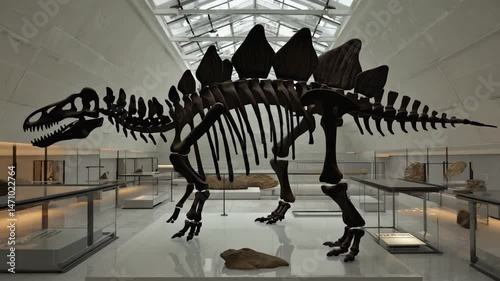 Detailed stegosaurus dinosaur skeleton displayed inside museum exhibit