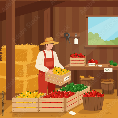 Farmer Carrying Yellow Peppers in Wooden Crate Inside Farmhouse