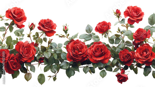 Fototapeta Naklejka Na Ścianę i Meble -  Elegant cascading arrangement of radiant red roses with verdant foliage, isolated