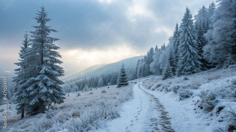 Obraz premium Snowy Path Winding Through a Frosty Winter Forest Landscape