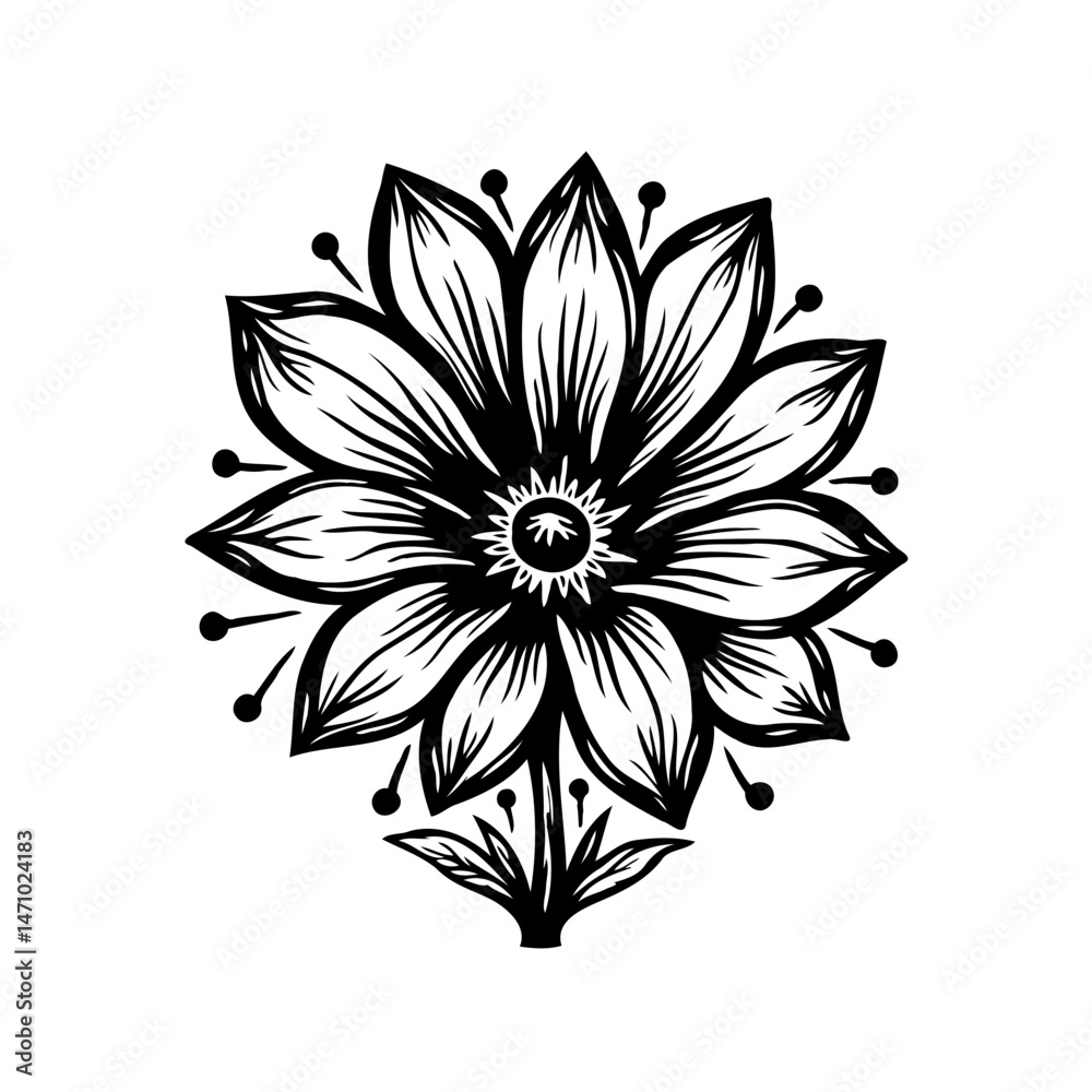 Fototapeta premium Detailed monochrome flower illustration with stylized petals and geometric seed