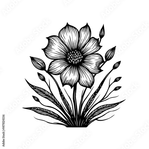 Elegant botanical illustration featuring a stylized flower and leaves design