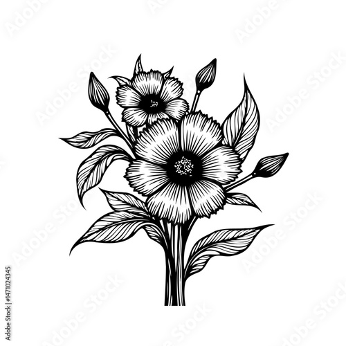 Elegant botanical illustration of blooming flowers, stems, leaves in monochrome