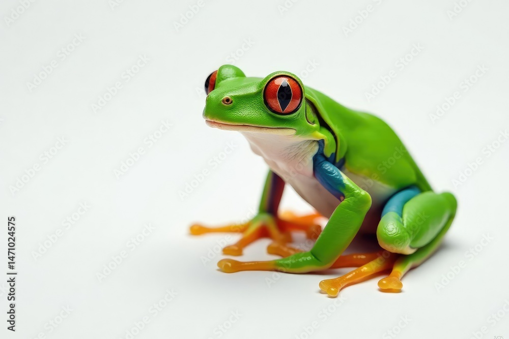Obraz premium Green tree frog perched on white, vibrant skin, amphibian, white background, background