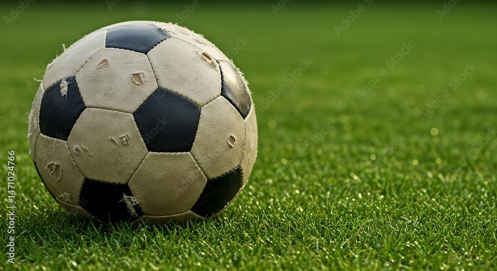 Fototapeta premium Worn Soccer Ball on Lush Green Grass: A Still Life of a Well-Loved Game
