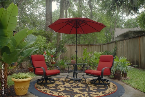 Cozy backyard patio with red chairs and umbrella surrounded by lush greenery and plants