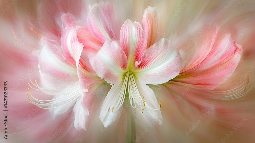 Fototapeta premium Delicate pink and white amaryllis flowers bloom in a soft focus artistic photograph showcasing their exquisite beauty and vibrant colors.