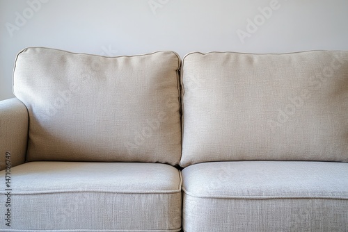 Cozy beige sofa with plush cushions against a minimalist wall, ideal for home decor settings