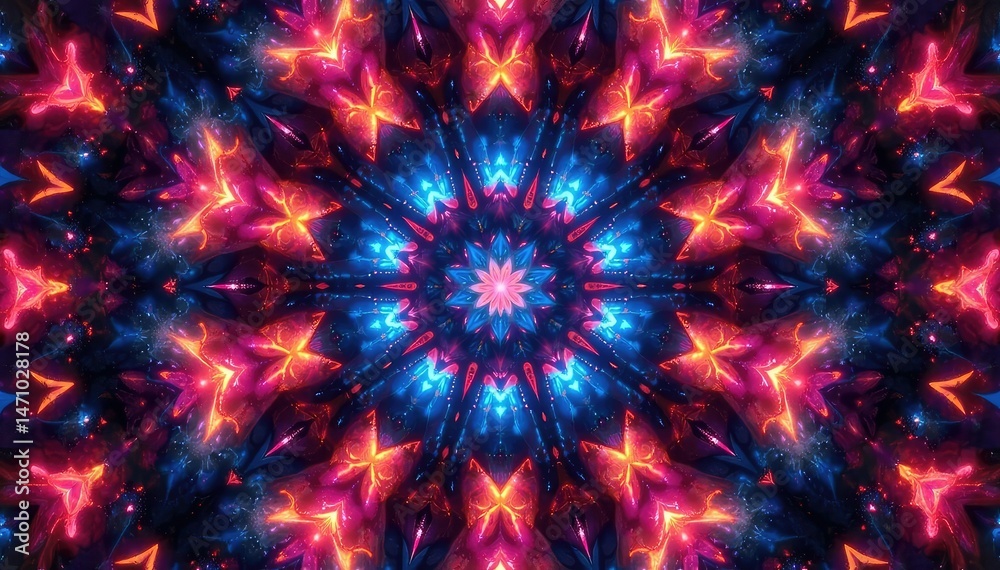 Symmetrical kaleidoscope design with radiating triangles, vibrant, sacred Symmetrical kaleidoscope design with radiating triangles, vibrant, sacred