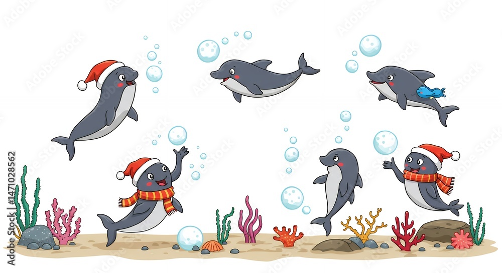 Obraz premium Cartoon dolphins holiday underwater scene